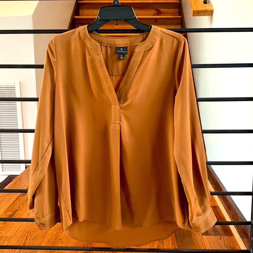 Camel colored, long sleeve dress top